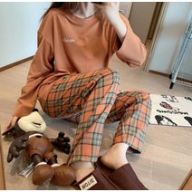여성통바지 부츠컷 여자겨울 바지 기모 슬랙스 여성와이드팬츠 한국어 보라색 격자 소녀 잠옷 세트 귀여운 가을 겨울 긴 소매 레저 잠옷 여성을위한 느슨한 정장