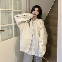 니트 가디건 봄 가을 루즈핏 여성가디건 예쁜 브이넥 니트 숄 코트 데일리 빅사이즈 스티치 가디건 여성용 단추 긴팔 울 자켓