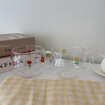 동글 꽃 프린팅 내열 글라스 컵 커피 찻잔 홈카페 옐로우, 1개, 색상