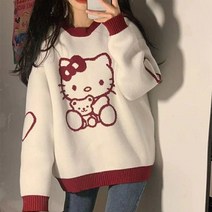 스웨터 뜨기 파랑니트 소라색니트 핑크 sanrio 여성 가을 ​​착용 헬로 키티 o-넥 풀오버 느슨한 컬러 스웨터 탑 스웨터 여성 패션 긴 소매 스웨터