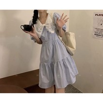 더우리봄빛 [M-4XL]배색 펀칭 아일렛 리본카라 티어드 플리츠 미니 원피스 63952