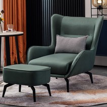 1인 체어 모던 심플 가죽 윙체어 미니 여성 원룸 소파, 딥 그린 78x86x93cm + 풋스툴