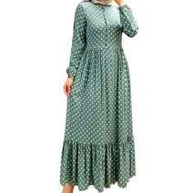 여자 무슬림 랜턴 슬리브 맥시 스윙 드레스 폴카 도트 버튼 주름 kaftan
