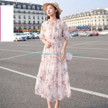 Ogfaour 쉬폰 꽃무늬 플리츠 롱원피스 77 빅사이즈여성 30대 4050패션 수입보세 반팔 퍼프소매