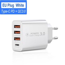 60W USB 타입 C 충전기 USB C 타입 충전기 멀티 포트 고속 충전 3.0 어댑터 아이폰 삼성 샤오미 화웨이 예비 부품, White EU