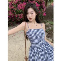 블루 체크 비치원피스 휴가지 리조트원피스