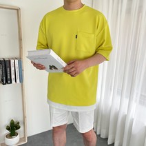 남자 엠보 박스 오버핏 포켓 레이어드 스판 반팔티셔츠(5COLOR)