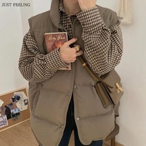 JUST FEEL!NG 숏 패딩 명주솜 조끼 기본핏 겨울 따뜻한 민소매 루즈핏 도톰 방한 솜 조끼 점퍼 경량 하이넥 점퍼