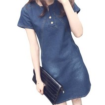 반팔데님원피스 여성용 플러스 사이즈 캐주얼 반팔 데님 드레스 한 이브닝 미디 여름 비치 버튼 솔리드
