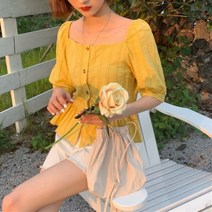 기타브랜드 에퀴르 여성 여름 스퀘어넥 퍼프 프릴 반팔 블라우스