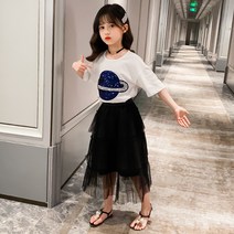 아동복 새로운 한국어 스타일 여름 투피스 세트 중간 큰 어린이 여름 소녀 행성 세트 원피스 드롭 배송