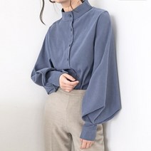 여성린넨블라우스 여자린넨셔츠 빅 랜턴 슬리브 블라우스 싱글 단추 스탠드 칼라 셔츠 사무용 단색 빈티지