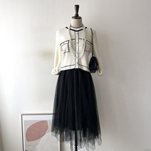 진주 단추 샤 배색 니트 A라인 레이스 스커트 레이어드 롱 원피스 2컬러