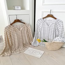 코지 여자 글램핑 라운드넥 체크무늬 쉬폰 블라우스