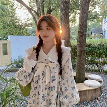 빅카라 미니 원피스 프렌치 스타일 드레스 여성 피터팬 카라 루즈핏 프린트 퍼프소매 프레피룩 귀여운
