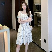 리얼 샷 새로운 여름 프랑스 광장 목 작은 사람들 랜턴 슬리브 꽃 틈새 디자인 꽉 허리 스커트 드레스