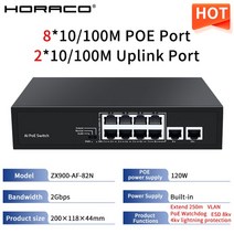 네트워크 HORACO POE 스위치 8 포트 10/100Mbps 적응형 IEEE 802.3af/at Watchdog 4 5 6 10 RJ45 IP 카메, 02 ZX900-AF-82N