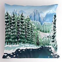 Ambesonne Forest Pillow Sham Wildwood in Winter Season with Snowy Mountains and Frozen River Cartoo, 1