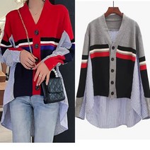 Makone 믹스 배색 반반 가디건 스트라이프 셔츠가디건