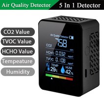 복합가스농도측정기 공기질 미세먼지측정기 다기능 5in1 CO2 미터 디지털 온도 습도 시험기 이산화탄소 TVOC HCHO 감지기 대기 질 모니터, [02] black 5 IN 1