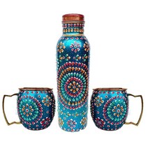 Rastogi Handicrafts 핸드메이드 구리 아우터 핸드 페인팅 아트 워크 터퀴즈 컬러 물병 조인트 프리 누출 방지 및 머그 컵 473.2ml 16온스 2 USA 미국
