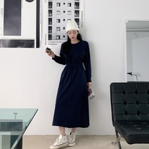 [옷자락] 여자 나그랑 긴팔티 허리밴딩 무지 쭈리 롱원피스