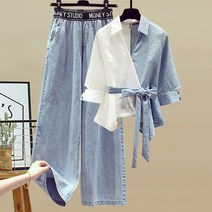 여성 데님 팬츠 컬러 블록 셔츠 청바지 하이 웨스트 루즈핏 캐주얼 여성용 단색 3XL 사이즈 패션