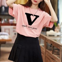 스타일아유 여성 순면 코튼 박스핏 티셔츠 반팔티 오버핏 V 문자 프린팅 여자 여름 롱티