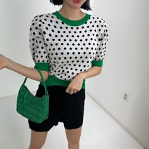 배색땡땡이 퍼프반팔니트