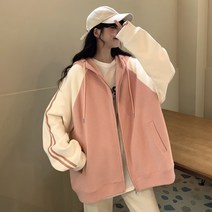 JUST FEEL!NG 후드코트 여성 봄 얇은 배색 후드 야구복 아웃도어 야구 자켓 패션 루즈핏 운동 츄리닝 점퍼 잠바