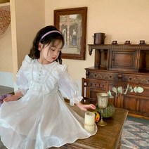 여아 유아 아동 봄 청순 빅 프릴 카라 진주 공단 새틴 플레어 공주 드레스 원피스 샤랄라 촬영룩 행사 돌잔치