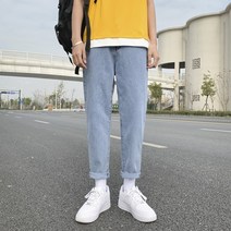 여름 왕홍 슬림 9 분 지퍼 청바지 남성 트렌드 스트레이트 bf 백 벌 헐렁한 발 캐주얼 바지