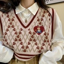 하이틴룩 하객룩투피스 놀이공원 코디 Deeptown 하라주쿠 빈티지 베어 프린트 자른 스웨터 조끼 여성 v 넥 스트라이프 니트 긴 소매 점퍼