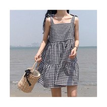 격자 무늬 민소매 드레스 여성용 벨트 디자인 올 매치 여름 A 라인 핫 비치 얼짱 학생 패션 캐주얼