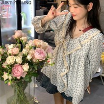 JUST FEEL!NG 블라우스 봄가을 긴팔 풀오버 박시핏 여성의류 플라워 브이넥 프릴 여성셔츠