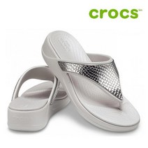 크록스 웨지 샌들 40- 206303-0GO Womens Crocs Monterey Metallic Wedge Flip Silver Platinum