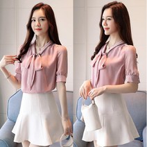여성용 나들이 반팔 리본끈 블라우스 하객룩 데일리룩