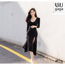 유유가가 와이드넥 앞트임 긴팔 미디 원피스