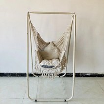 인테리어 라탄 흔들 그네 의자 팬션 썬베드 안뜰 원목 스윙 해먹 실내 스윙 홈 야외, 살구 흰색 브래킷 + 쌀 흰색 고밀도 메쉬