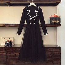L-4XL 빅사이즈 메쉬 니트 원피스 프렌치 블랙 정장 세미 캐주얼