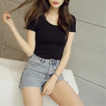 여자 데일리 양면 U넥 반팔 스판 크롭티 플리츠스커트 스커트코디 티셔츠