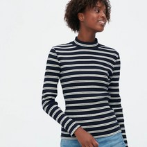 유니클로 리브 보더 하이넥 T 긴소매 티셔츠 여성용 일본직수