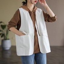 FANSYLI 빈티지 카고 면 마 베스트 여성 여름 얇은 브이넥 민소매 캐주얼 루즈핏 리넨 조끼 나시 통근 코트 W2404A14