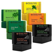 Simply Vedic 몸 손 얼굴을 위한 6팩 비누 바 컬렉션 님 홀리 바질 레몬 민트 강황 숯 모듬2개 | 남성 및 여성용 콜드 프레스 핸드메이드 99.2g X 6 USA 미국