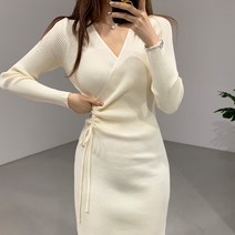 V넥 랩 스트링 니트 미디 롱 원피스
