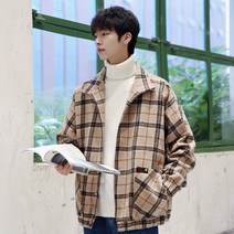 Crzen 남자 모직 체크 코트 쇼트 양털 재킷 23M809