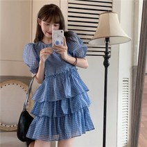 퐁순싸롱 블루 체크 A라인 캐주얼 캉캉 미니 원피스 SH