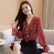 프릴 브이넥 긴팔 블라우스 여 가을 한국판 루즈핏 날씬해 보이는 플레어 소매 꽃무늬 셔츠셔츠