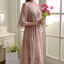 데일리앤 케런 봄 잔꽃 플라워 브이넥 쉬폰 롱 원피스 캉캉 프릴 셔링 허리끈