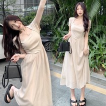 여름 빅 사이즈 스퀘어넥 페이크 레이어링 원피스